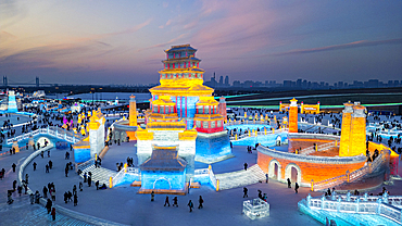 Aerial of the Illuminated buildings made out of ice, Ice International Ice and Snow Sculpture Festival, Harbin, Heilongjiang, China, Asia