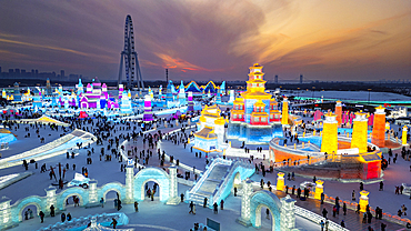 Aerial of the Illuminated buildings made out of ice, Ice International Ice and Snow Sculpture Festival, Harbin, Heilongjiang, China, Asia