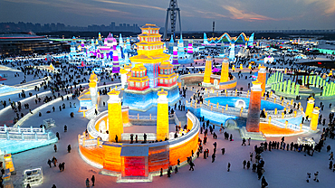 Aerial of the Illuminated buildings made out of ice, Ice International Ice and Snow Sculpture Festival, Harbin, Heilongjiang, China, Asia