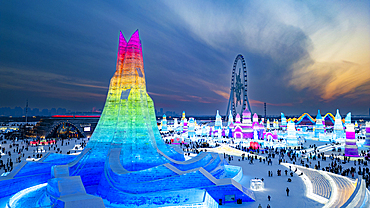 Aerial of the Illuminated buildings made out of ice, Ice International Ice and Snow Sculpture Festival, Harbin, Heilongjiang, China, Asia