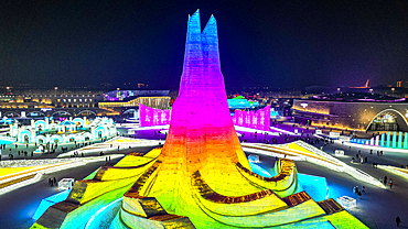 Aerial of the Illuminated buildings made out of ice, Ice International Ice and Snow Sculpture Festival, Harbin, Heilongjiang, China, Asia