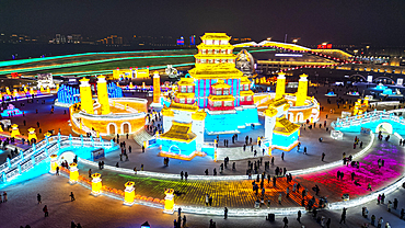 Aerial of the Illuminated buildings made out of ice, Ice International Ice and Snow Sculpture Festival, Harbin, Heilongjiang, China, Asia