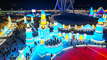 Aerial of the Illuminated buildings made out of ice, Ice International Ice and Snow Sculpture Festival, Harbin, Heilongjiang, China, Asia