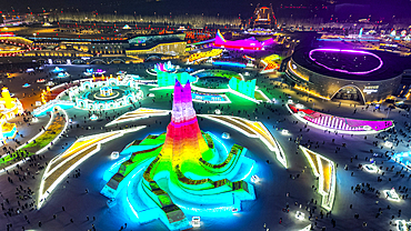 Aerial of the Illuminated buildings made out of ice, Ice International Ice and Snow Sculpture Festival, Harbin, Heilongjiang, China, Asia