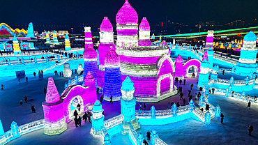 Aerial of the Illuminated buildings made out of ice, Ice International Ice and Snow Sculpture Festival, Harbin, Heilongjiang, China, Asia