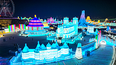 Aerial of the Illuminated buildings made out of ice, Ice International Ice and Snow Sculpture Festival, Harbin, Heilongjiang, China, Asia