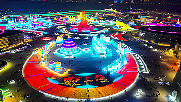 Aerial of the Illuminated buildings made out of ice, Ice International Ice and Snow Sculpture Festival, Harbin, Heilongjiang, China, Asia