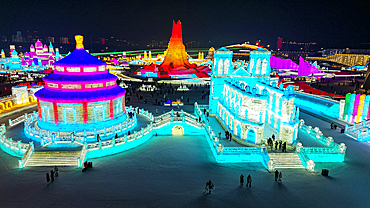 Aerial of the Illuminated buildings made out of ice, Ice International Ice and Snow Sculpture Festival, Harbin, Heilongjiang, China, Asia