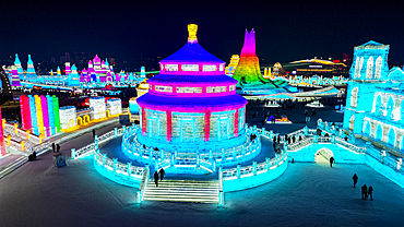 Aerial of the Illuminated buildings made out of ice, Ice International Ice and Snow Sculpture Festival, Harbin, Heilongjiang, China, Asia