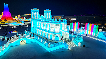 Aerial of the Illuminated buildings made out of ice, Ice International Ice and Snow Sculpture Festival, Harbin, Heilongjiang, China, Asia