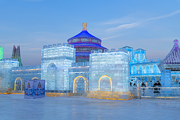 Illuminated buildings made out of ice, Ice International Ice and Snow Sculpture Festival, Harbin, Heilongjiang, China, Asia