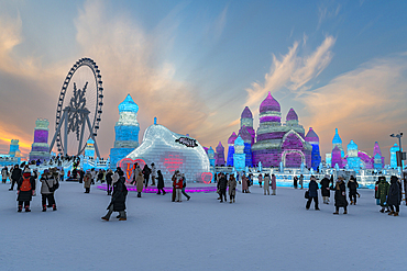 Illuminated buildings made out of ice, Ice International Ice and Snow Sculpture Festival, Harbin, Heilongjiang, China, Asia