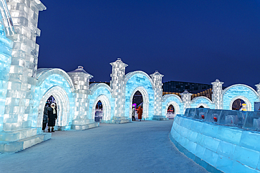 Illuminated buildings made out of ice, Ice International Ice and Snow Sculpture Festival, Harbin, Heilongjiang, China, Asia