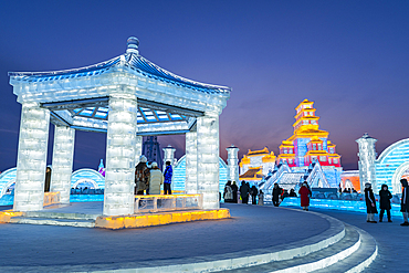 Illuminated buildings made out of ice, Ice International Ice and Snow Sculpture Festival, Harbin, Heilongjiang, China, Asia