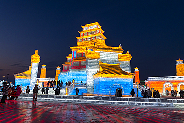 Illuminated buildings made out of ice, Ice International Ice and Snow Sculpture Festival, Harbin, Heilongjiang, China, Asia