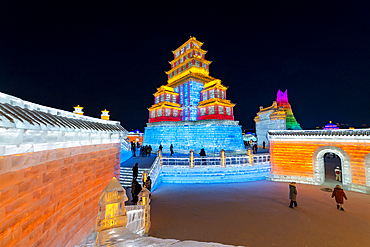 Illuminated buildings made out of ice, Ice International Ice and Snow Sculpture Festival, Harbin, Heilongjiang, China, Asia