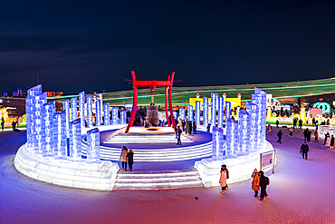 Illuminated buildings made out of ice, Ice International Ice and Snow Sculpture Festival, Harbin, Heilongjiang, China, Asia