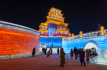 Illuminated buildings made out of ice, Ice International Ice and Snow Sculpture Festival, Harbin, Heilongjiang, China, Asia