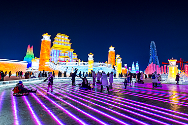 Illuminated buildings made out of ice, Ice International Ice and Snow Sculpture Festival, Harbin, Heilongjiang, China, Asia