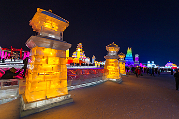 Illuminated buildings made out of ice, Ice International Ice and Snow Sculpture Festival, Harbin, Heilongjiang, China, Asia