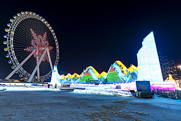 Illuminated buildings made out of ice, Ice International Ice and Snow Sculpture Festival, Harbin, Heilongjiang, China, Asia