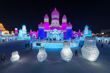 Illuminated buildings made out of ice, Ice International Ice and Snow Sculpture Festival, Harbin, Heilongjiang, China, Asia