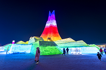 Illuminated buildings made out of ice, Ice International Ice and Snow Sculpture Festival, Harbin, Heilongjiang, China, Asia