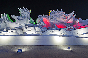 Illuminated buildings made out of ice, Ice International Ice and Snow Sculpture Festival, Harbin, Heilongjiang, China, Asia