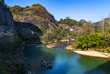 View over River of The Nine Bends (Jiuqu Xi), Wuyi Mountains, UNESCO World Heritage Site, Fujian, China, Asia