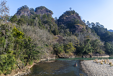 View over River of The Nine Bends (Jiuqu Xi), Wuyi Mountains, UNESCO World Heritage Site, Fujian, China, Asia