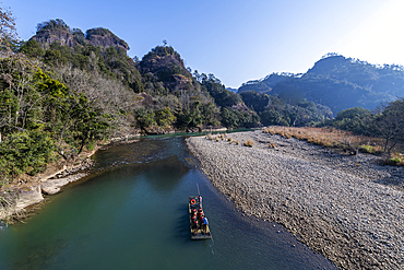 View over River of The Nine Bends (Jiuqu Xi), Wuyi Mountains, UNESCO World Heritage Site, Fujian, China, Asia