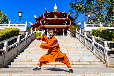 Monk demonstrating Kung Fu, Shaolin Temple, Quanzhou, UNESCO World Heritage Site, Fujian, China, Asia