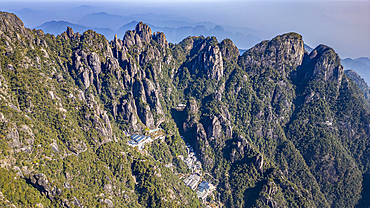 Aerial of the Taoist Sanqing Mountain, UNESCO World Heritage Site, Jiangxi, China, Asia