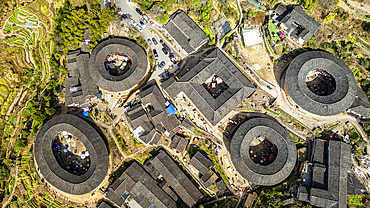 Aerial of Tianluokeng, UNESCO World Heritage Site, Fujian Tulou, rural dwelling of the Hakka, Fujian, China, Asia