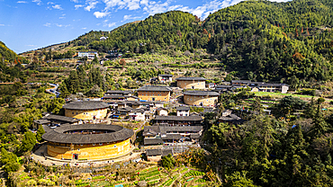 Aerial of Tianluokeng, UNESCO World Heritage Site, Fujian Tulou, rural dwelling of the Hakka, Fujian, China, Asia