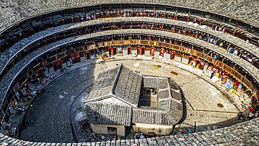 Aerial of the Yuchang Fujian Tulou, rural dwelling of the Hakka, Fujian, China, Asia