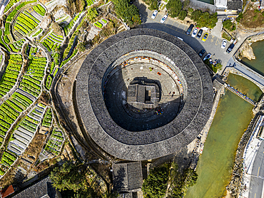 Aerial of the Yuchang Fujian Tulou, rural dwelling of the Hakka, Fujian, China, Asia