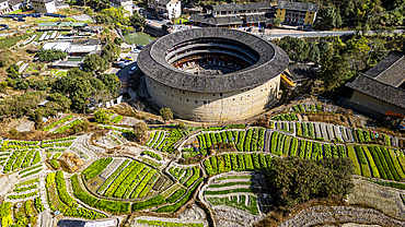 Aerial of the Yuchang Fujian Tulou, rural dwelling of the Hakka, Fujian, China, Asia