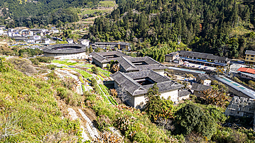 Aerial of the Yuchang Fujian Tulou, rural dwelling of the Hakka, Fujian, China, Asia