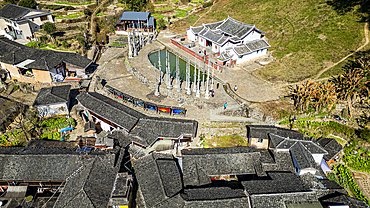 Aerial of Taxia village and Fujian Tulou, rural dwelling of the Hakka, Fujian, China, Asia