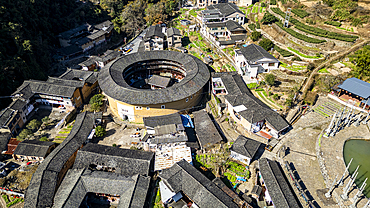 Aerial of Taxia village and Fujian Tulou, rural dwelling of the Hakka, Fujian, China, Asia