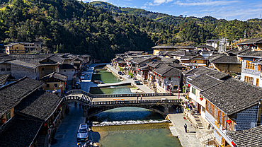 Aerial of Taxia village and Fujian Tulou, dwelling of the Hakka, Taxia, Fujian, China, Asia