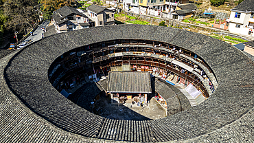 Aerial of Taxia village and Fujian Tulou, rural dwelling of the Hakka, Fujian, China, Asia