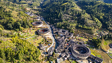 Aerial of the Hekeng Fujian Tulou, UNESCO World Heritage Site, rural dwelling of the Hakka, Fujian, China, Asia