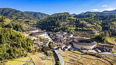 Aerial of the Hekeng Fujian Tulou, UNESCO World Heritage Site, rural dwelling of the Hakka, Fujian, China, Asia