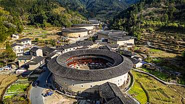 Aerial of the Hekeng Fujian Tulou, UNESCO World Heritage Site, rural dwelling of the Hakka, Fujian, China, Asia