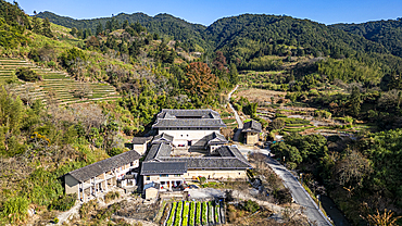 Aerial of the Hekeng Fujian Tulou, UNESCO World Heritage Site, rural dwelling of the Hakka, Fujian, China, Asia