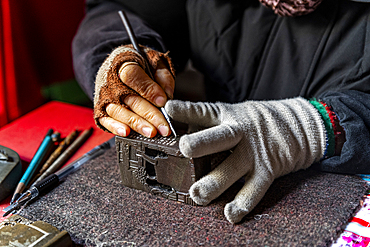 Woman doing calligraphy, Xidi historic ancient village, UNESCO World Heritage Site, Xidi, Anhui, China, Asia