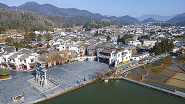 Aerial of Xidi historic ancient village, UNESCO World Heritage Site, Xidi, Anhui, China, Asia