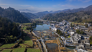 Aerial of Xidi historic ancient village, UNESCO World Heritage Site, Xidi, Anhui, China, Asia